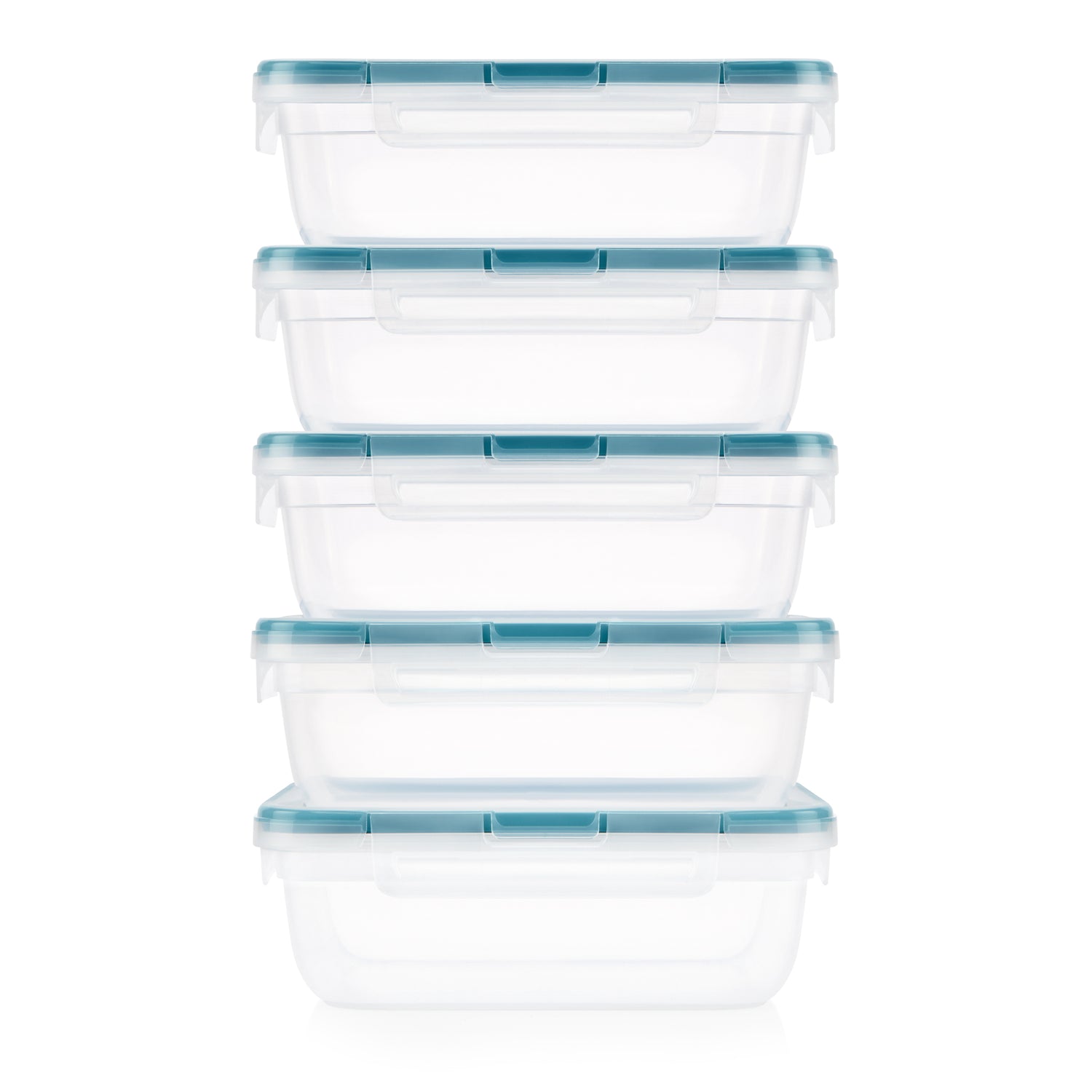 Set of six clear food storage containers with blue lids on a white background