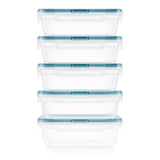Set of six clear food storage containers with blue lids on a white background