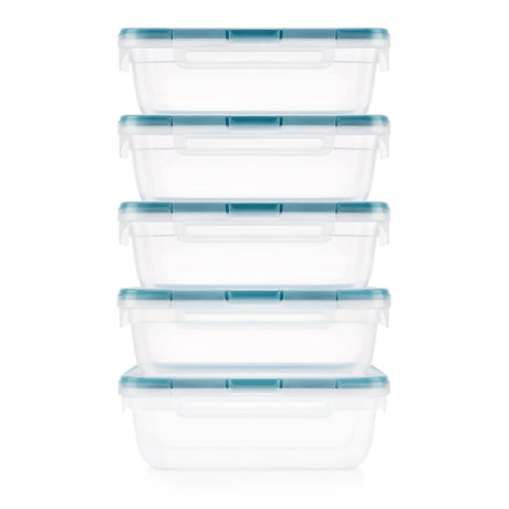 Set of six clear food storage containers with blue lids on a white background