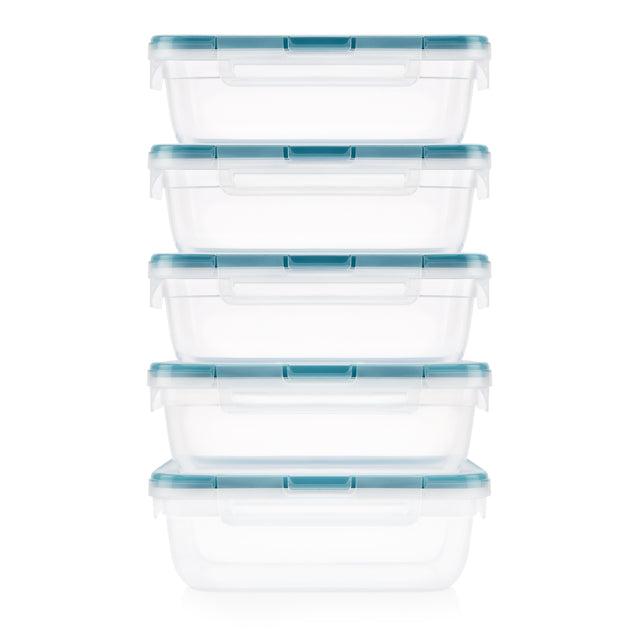 Set of six clear food storage containers with blue lids on a white background