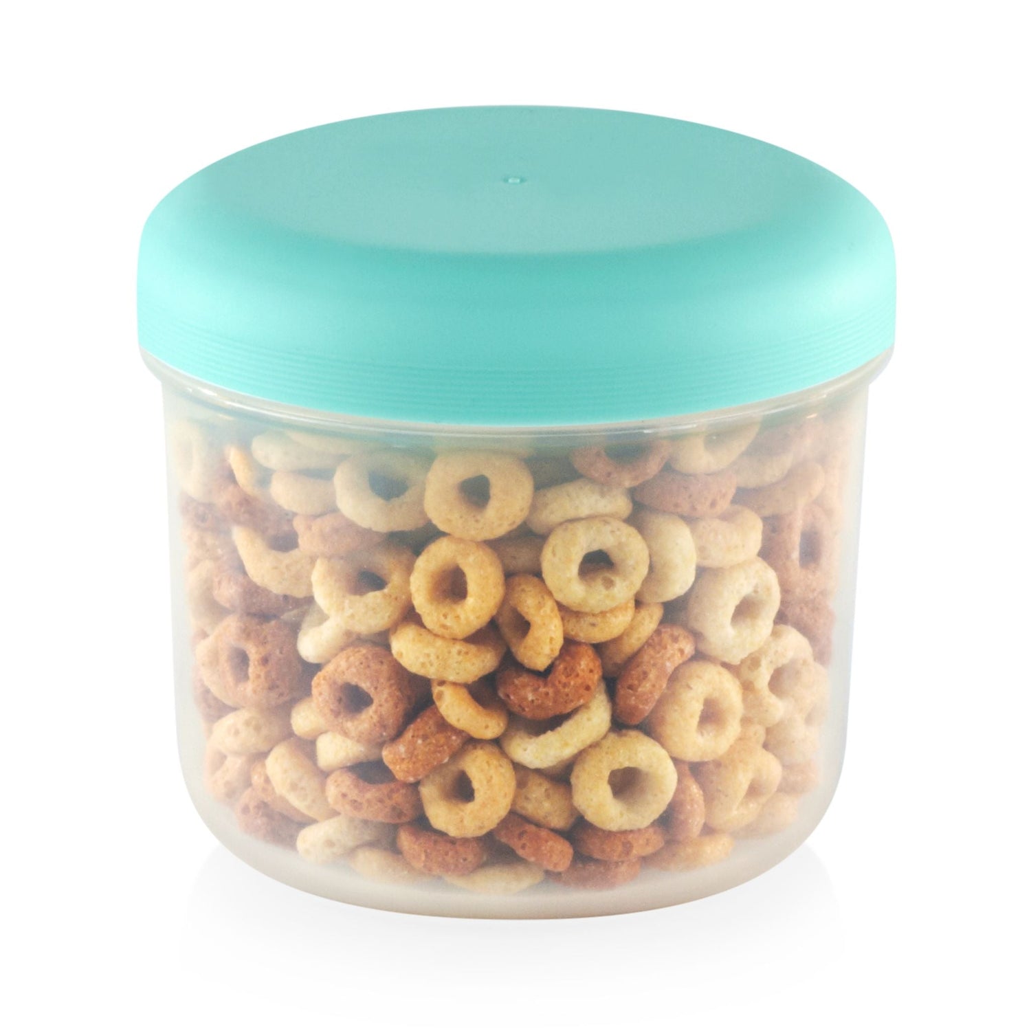  16-oz Round Plastic Food Container with Aqua Lid with Cheeriois inside