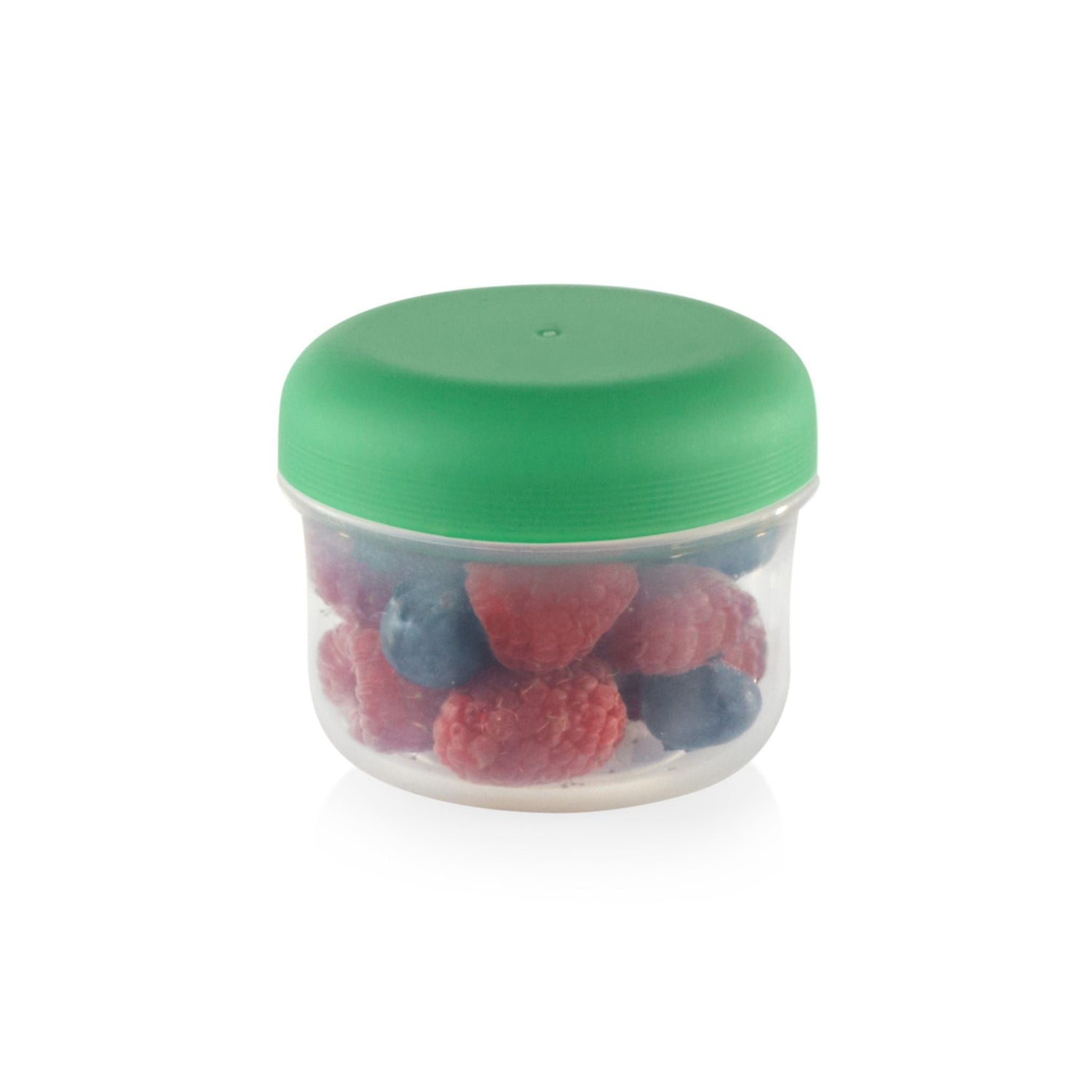  4-oz Round Container with Green Lid with Raspberries & Blueberries inside