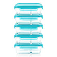 A stack of five clear plastic food storage containers with bright turquoise blue lids and handles, set against a plain white background.
