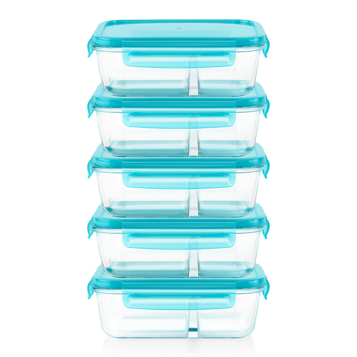 A stack of five clear plastic food storage containers with bright turquoise blue lids and handles, set against a plain white background.