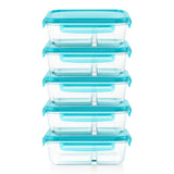 A stack of five clear plastic food storage containers with bright turquoise blue lids and handles, set against a plain white background.