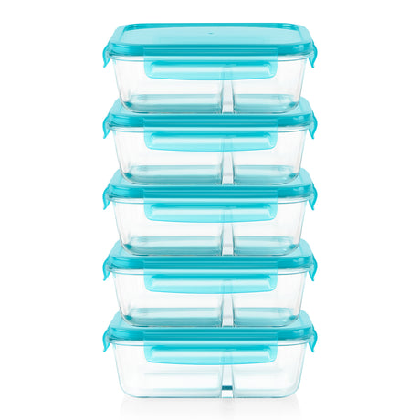 A stack of five clear plastic food storage containers with bright turquoise blue lids and handles, set against a plain white background.