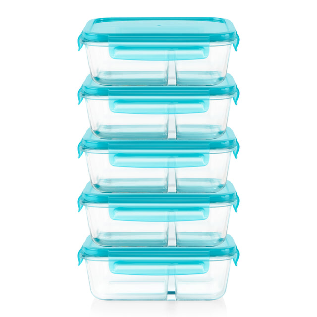 A stack of five clear plastic food storage containers with bright turquoise blue lids and handles, set against a plain white background.