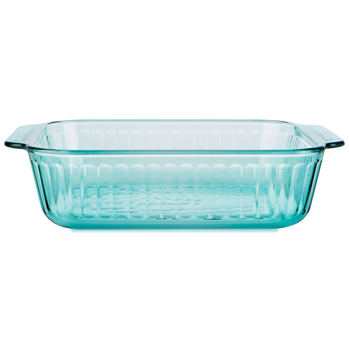 Clear glass baking dish on a white background