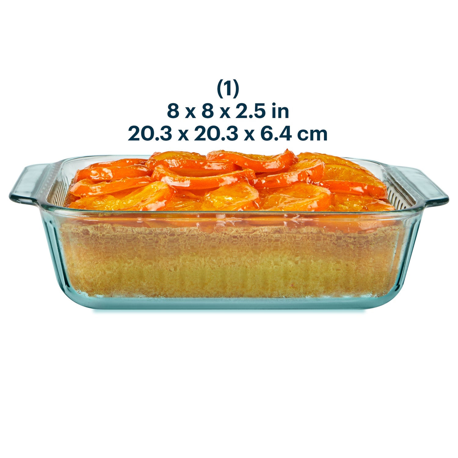 Glass baking dish with a cake and orange slices, size 8 x 8 x 2.5 inches.