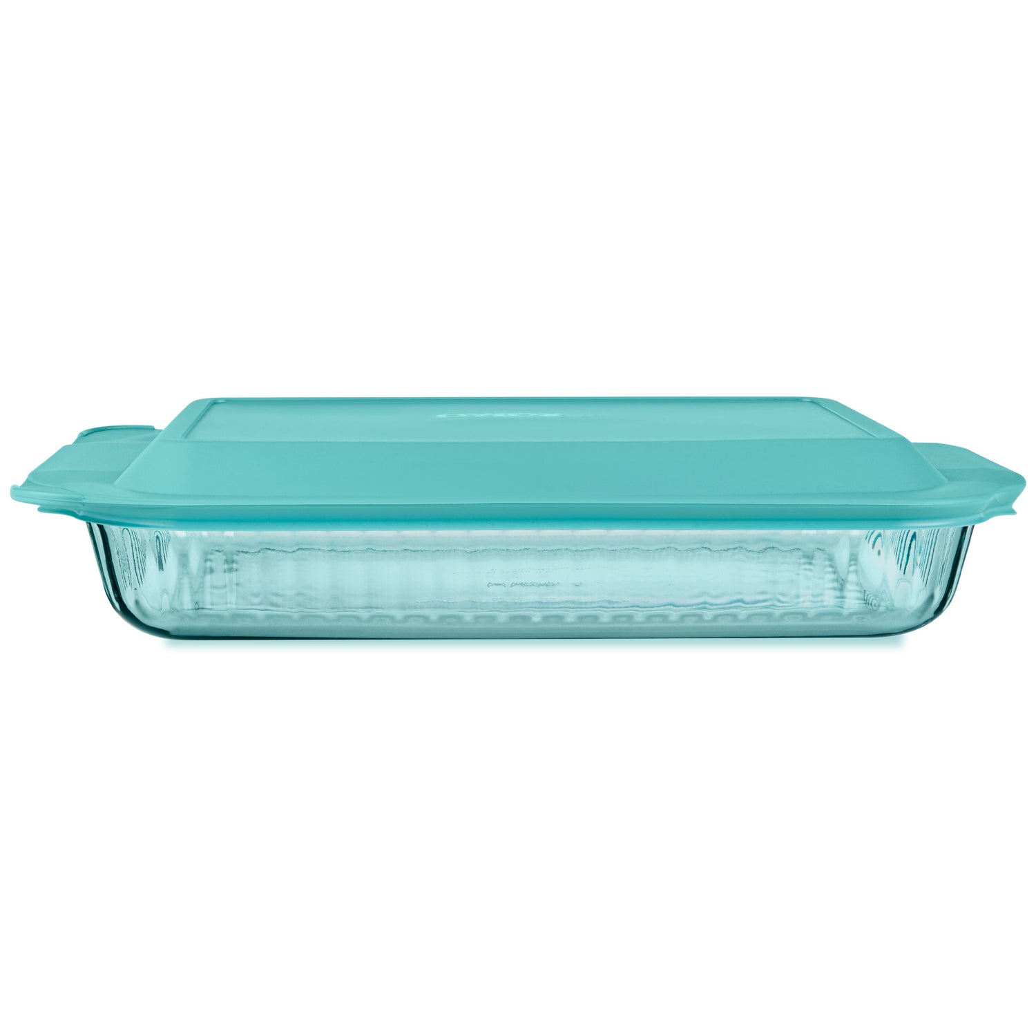 Glass baking dish with teal lid on a white background