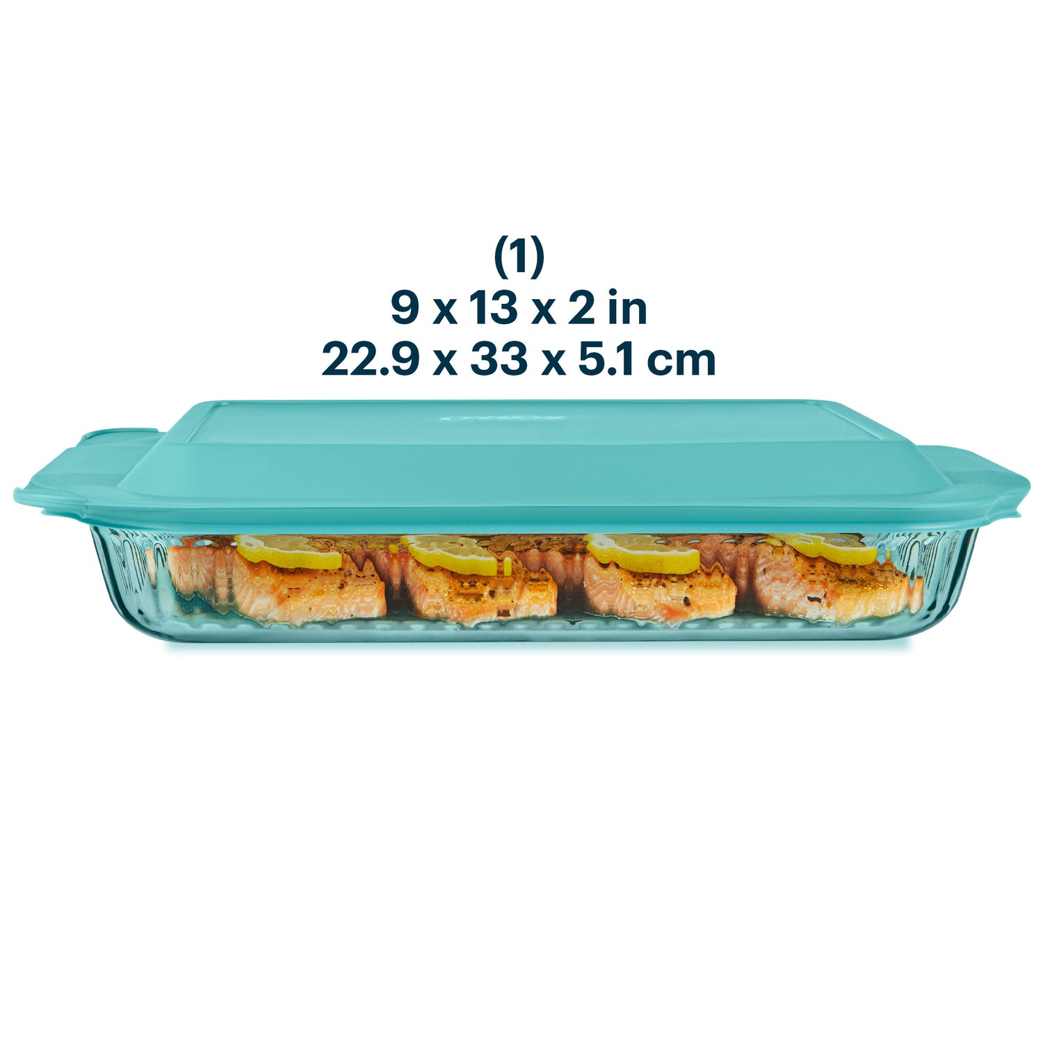 Glass baking dish with teal lid containing salmon fillets, dimensions displayed.