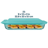 Glass baking dish with teal lid containing salmon fillets, dimensions displayed.