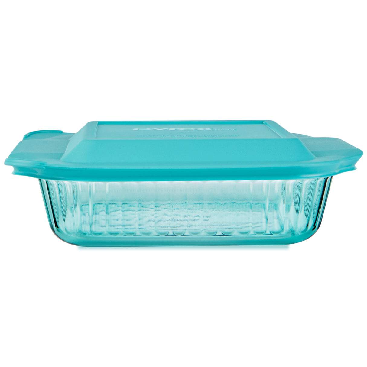 Glass baking dish with teal lid on a white background