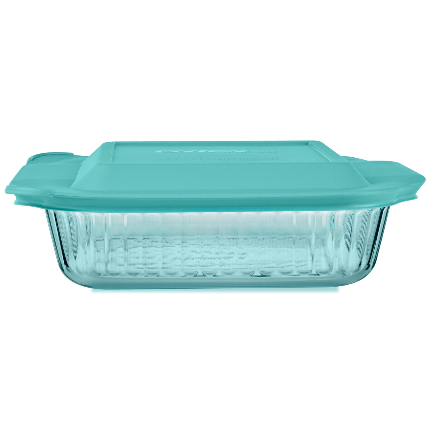 Glass baking dish with teal lid on a white background