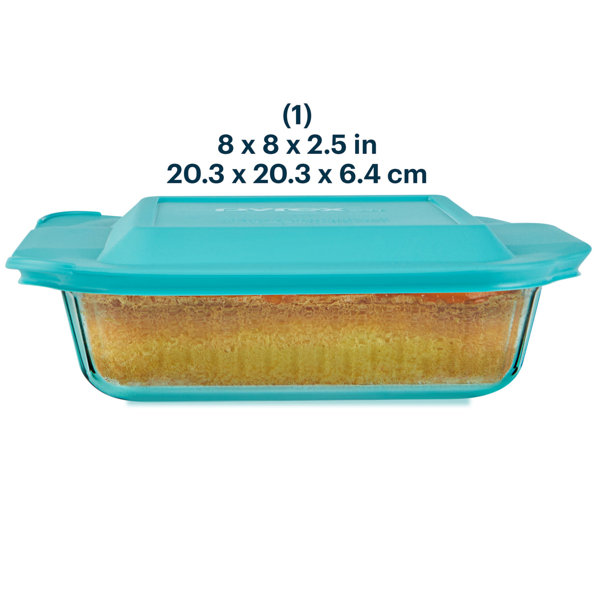 Glass baking dish with teal lid and dimensions displayed