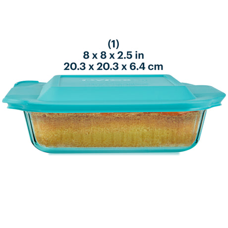 Glass baking dish with teal lid and dimensions displayed
