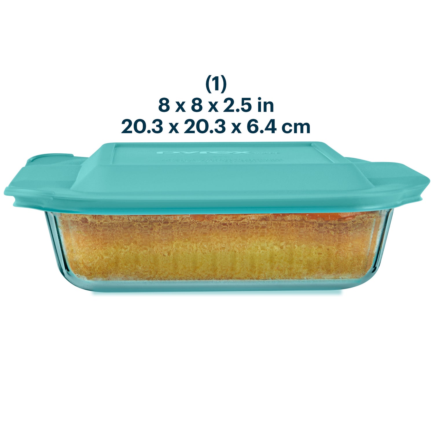 Glass baking dish with teal lid and measurements on a white background