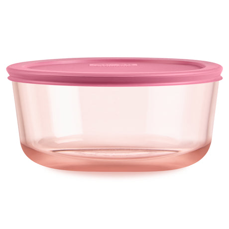 Pink food storage container with a pink lid on a white background