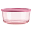 Pink food storage container with a lid on a white background