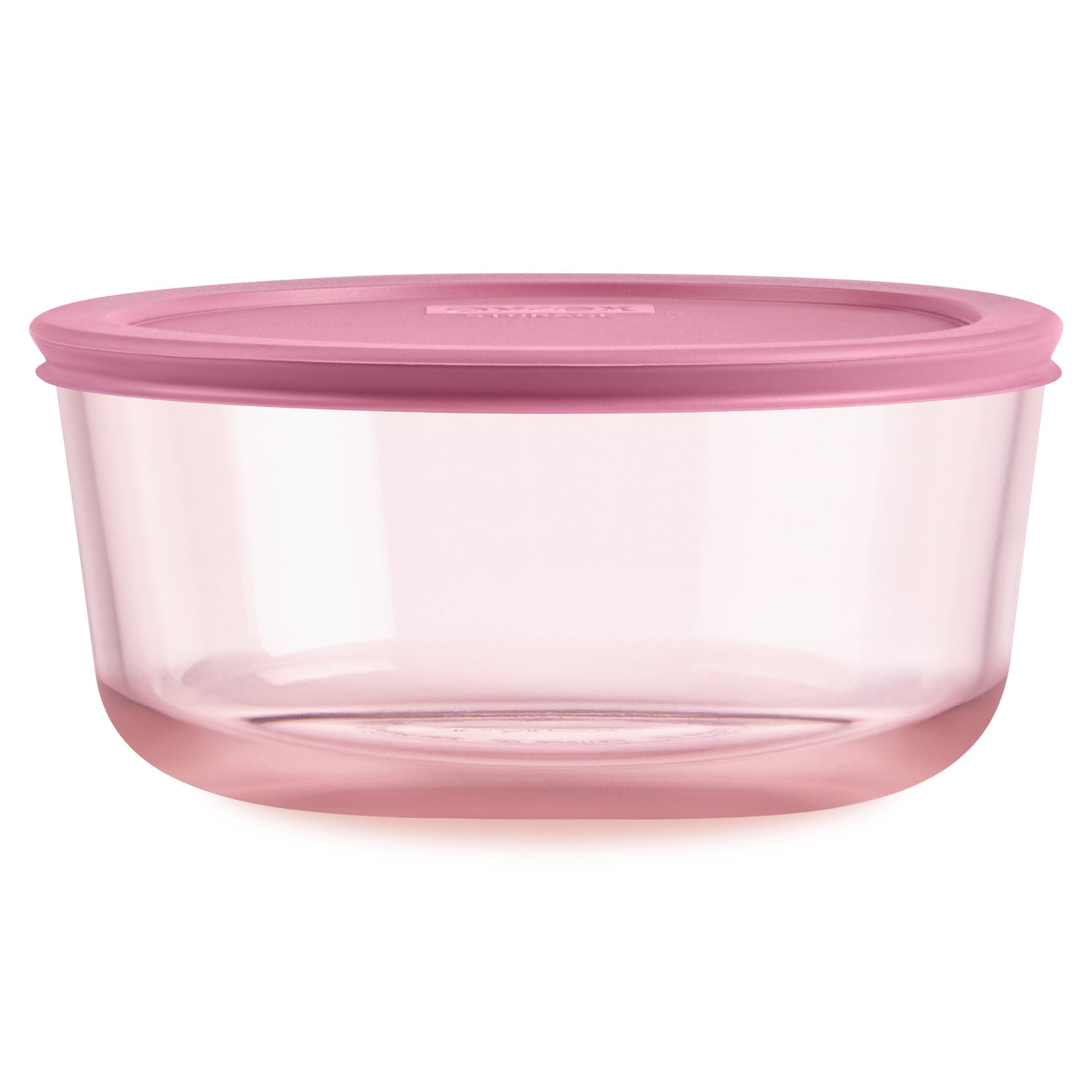 Pink food storage container with a lid on a white background
