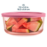Pink container with watermelon slices and pink lid on a white background