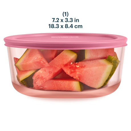 Pink container with watermelon slices and pink lid on a white background