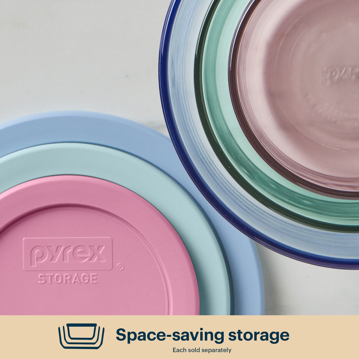 Pyrex storage containers in pastel colors with a beige banner at the bottom.