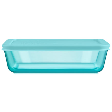 Turquoise plastic container with lid on a white background