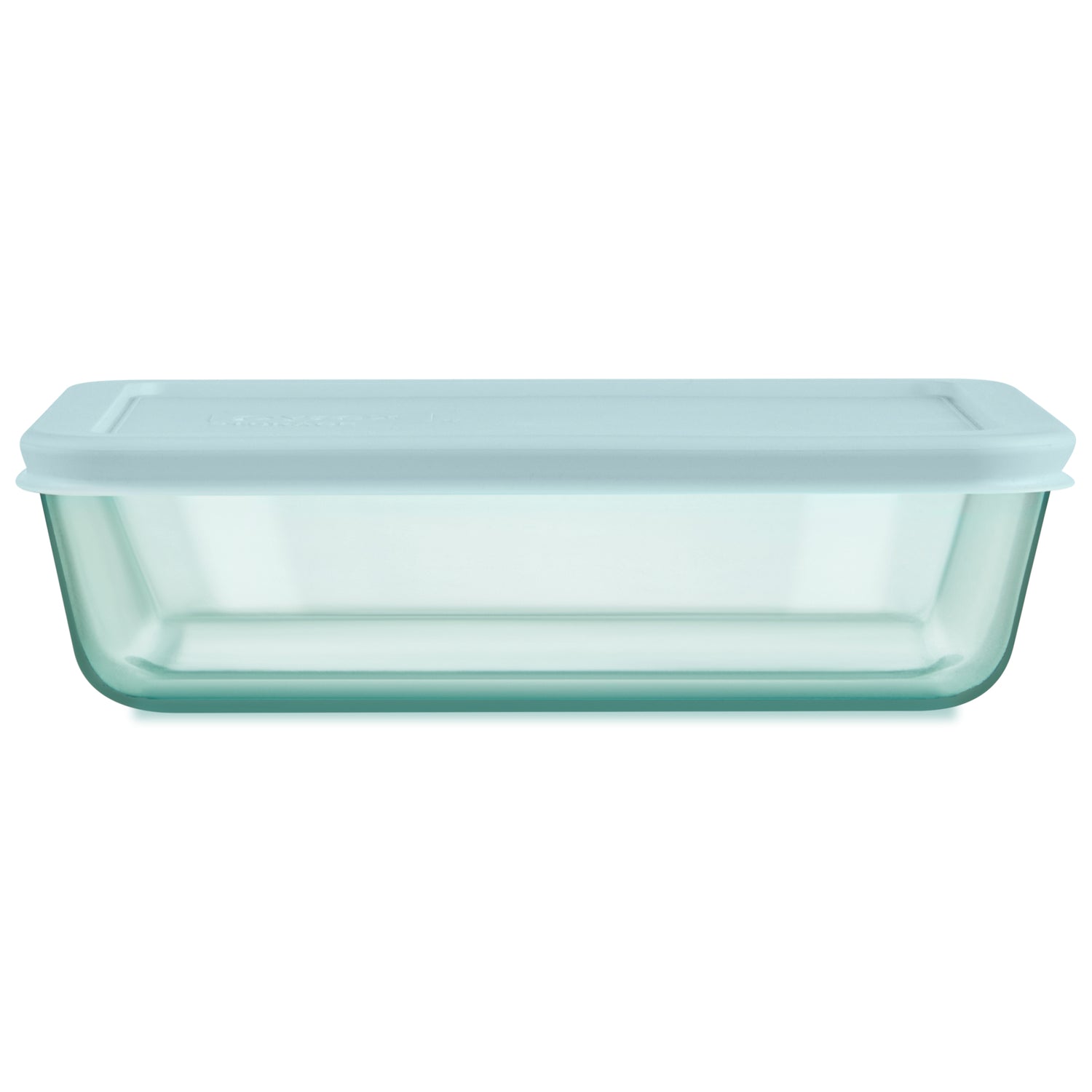 Light blue glass container with lid on a white background