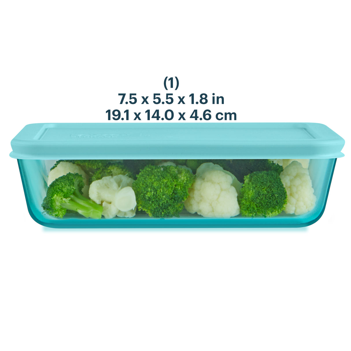 Blue food storage container with vegetables inside, showing dimensions on a white background