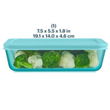Blue food storage container with vegetables inside, showing dimensions on a white background
