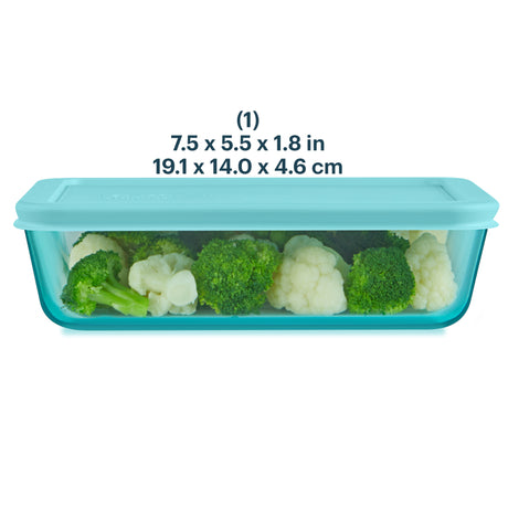 Blue food storage container with vegetables inside, showing dimensions on a white background