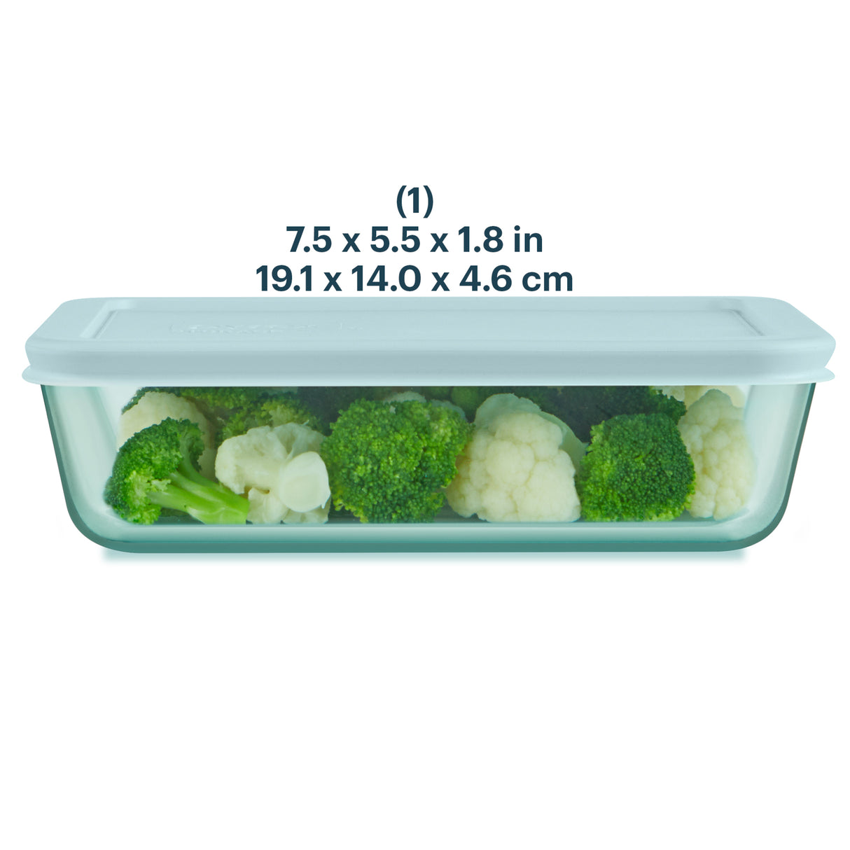 Rectangular glass food container with vegetables inside, showing dimensions on a white background