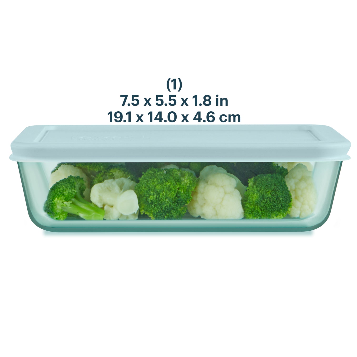 Rectangular glass food container with vegetables inside, showing dimensions on a white background