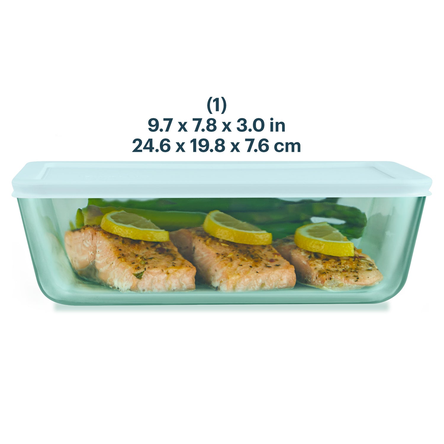 Rectangular food container with salmon and lemon slices, showing dimensions on a white background