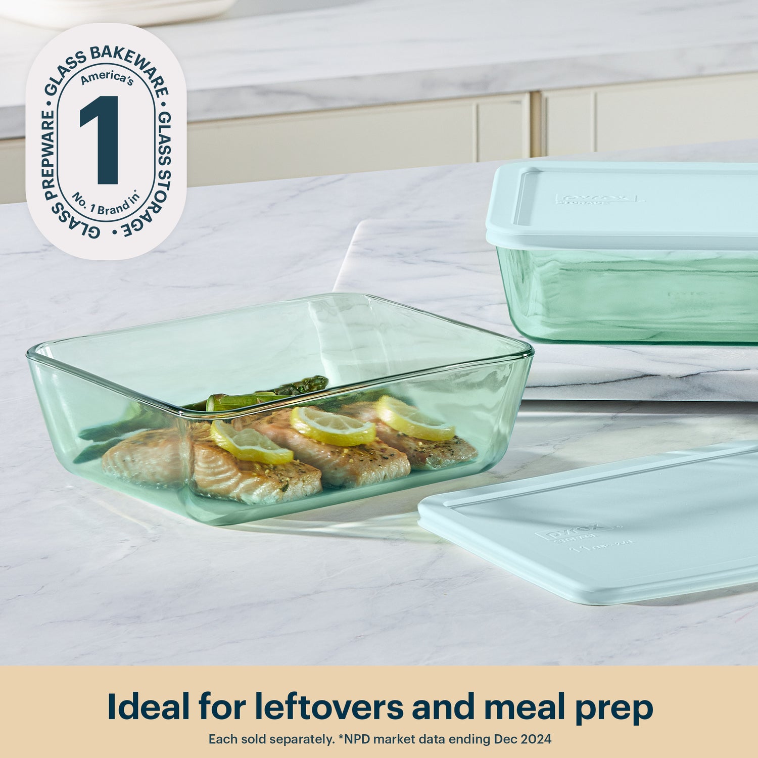 Glass bakeware set on a kitchen counter with text about leftovers and meal prep.