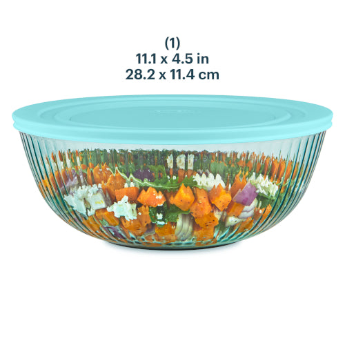 Glass bowl with colorful vegetables and a blue lid, showing dimensions on a white background.