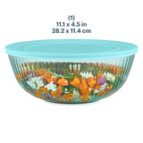 Glass bowl with colorful vegetables and a blue lid, showing dimensions on a white background.