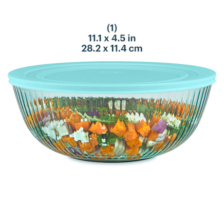 Glass bowl with colorful vegetables and a blue lid, showing dimensions on a white background.