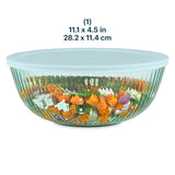 Glass mixing bowl with colorful vegetables and dimensions displayed