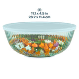 Glass mixing bowl with colorful vegetables and dimensions displayed