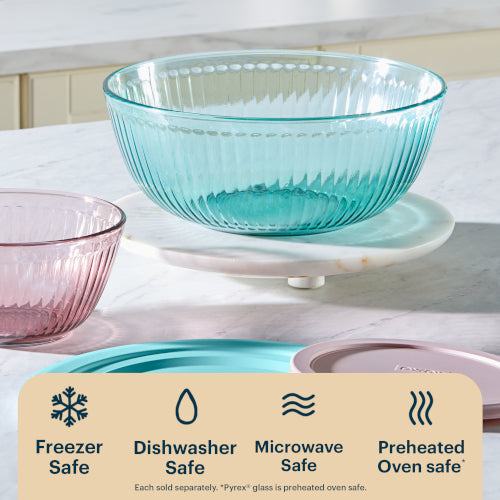 Two glass bowls, one blue and one pink, on a white surface with safety icons and text.