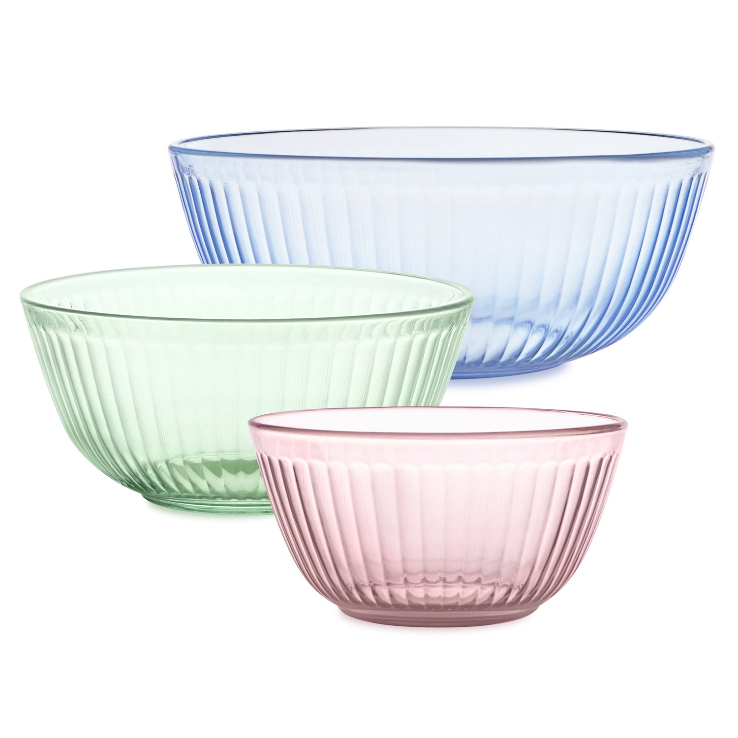 Three glass bowls in blue, green, and pink on a white background