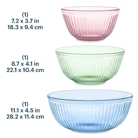 Three glass bowls in pink, green, and blue with dimensions displayed.