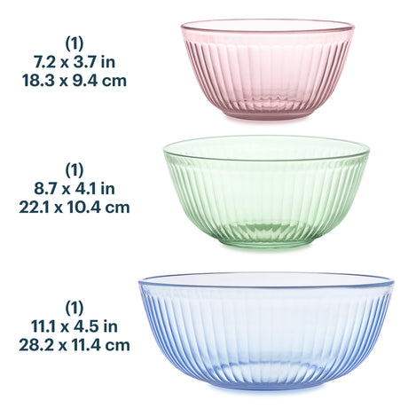 Three glass bowls in pink, green, and blue with dimensions displayed.