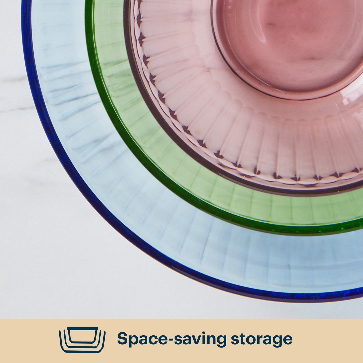Stack of colorful ceramic plates on a light background with 'Space-saving storage' text.