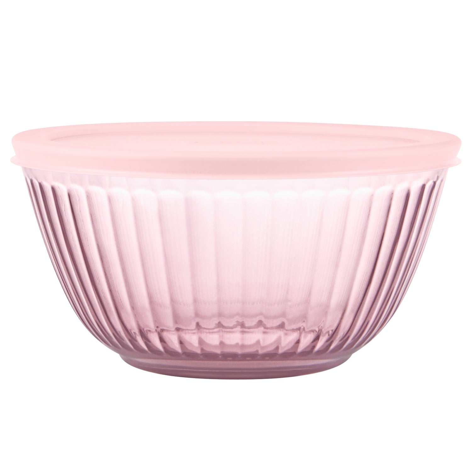 Pink glass bowl with ribbed texture on a white background