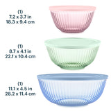Three glass mixing bowls in pink, green, and blue with dimensions displayed.