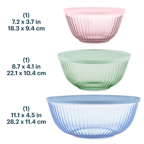 Three glass mixing bowls in pink, green, and blue with dimensions displayed.