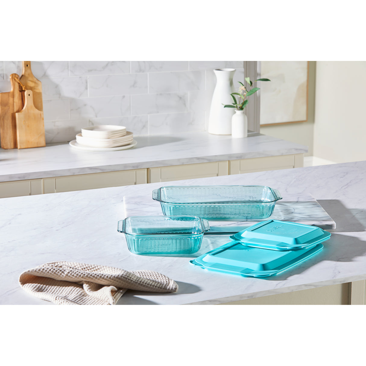 Pyrex® Sculpted Tinted Glass 8" Square Baking Dish with Lid, Aqua